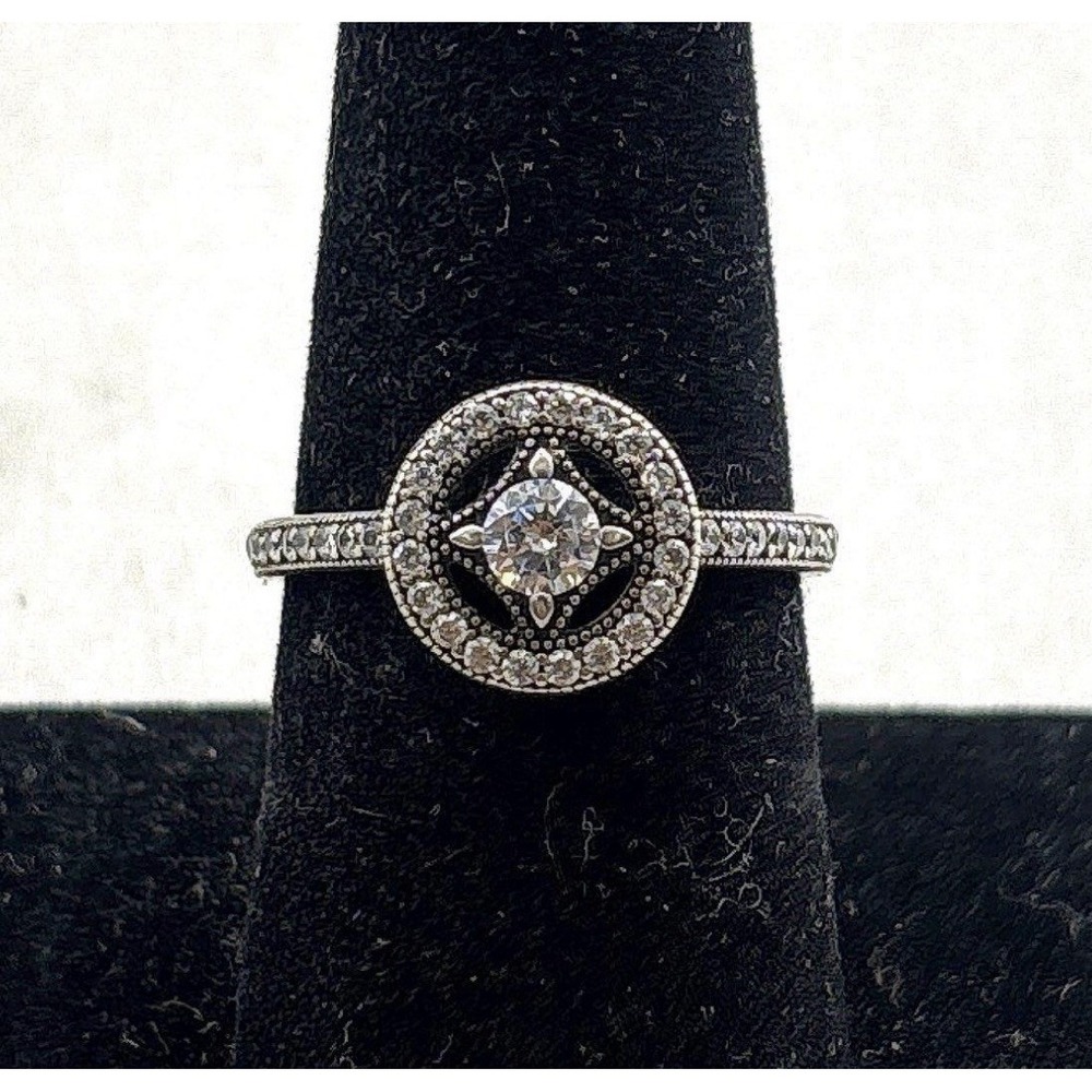 PANDORA Halo FLOATING CZ Center Pave STERLING silver 925 Size 925 RING Sz 7.5